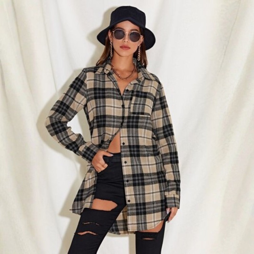 SHEIN Long Plaid Patch Pocket Flannel Brown Black Shirt Size XS